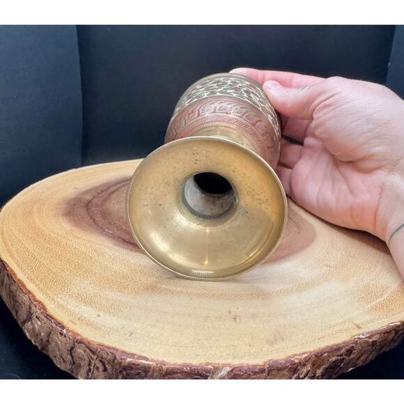 Vintage brass Pedestal Display Cup Etched with Enamel Floral Design - Picture 9 of 10